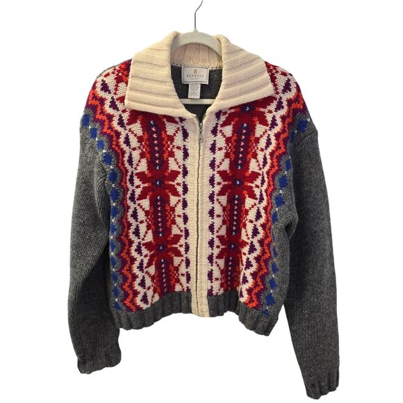 Express Tricot Sweaters - Express Tricot Vintage 100% Wool Fair Isle Print Full Zip Sweater Size Large